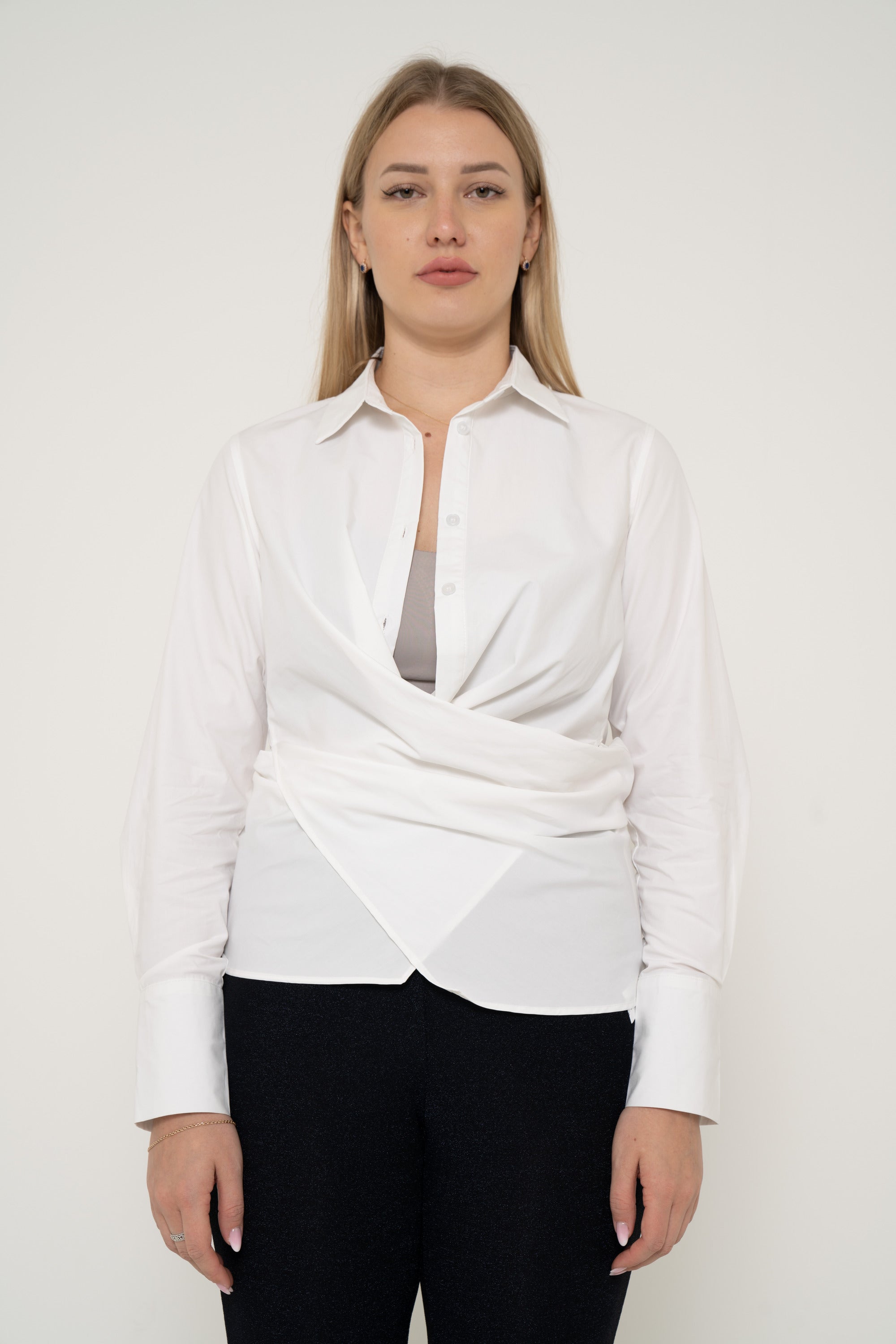 Yola Solid Long Sleeve Blouse with Waist Tie