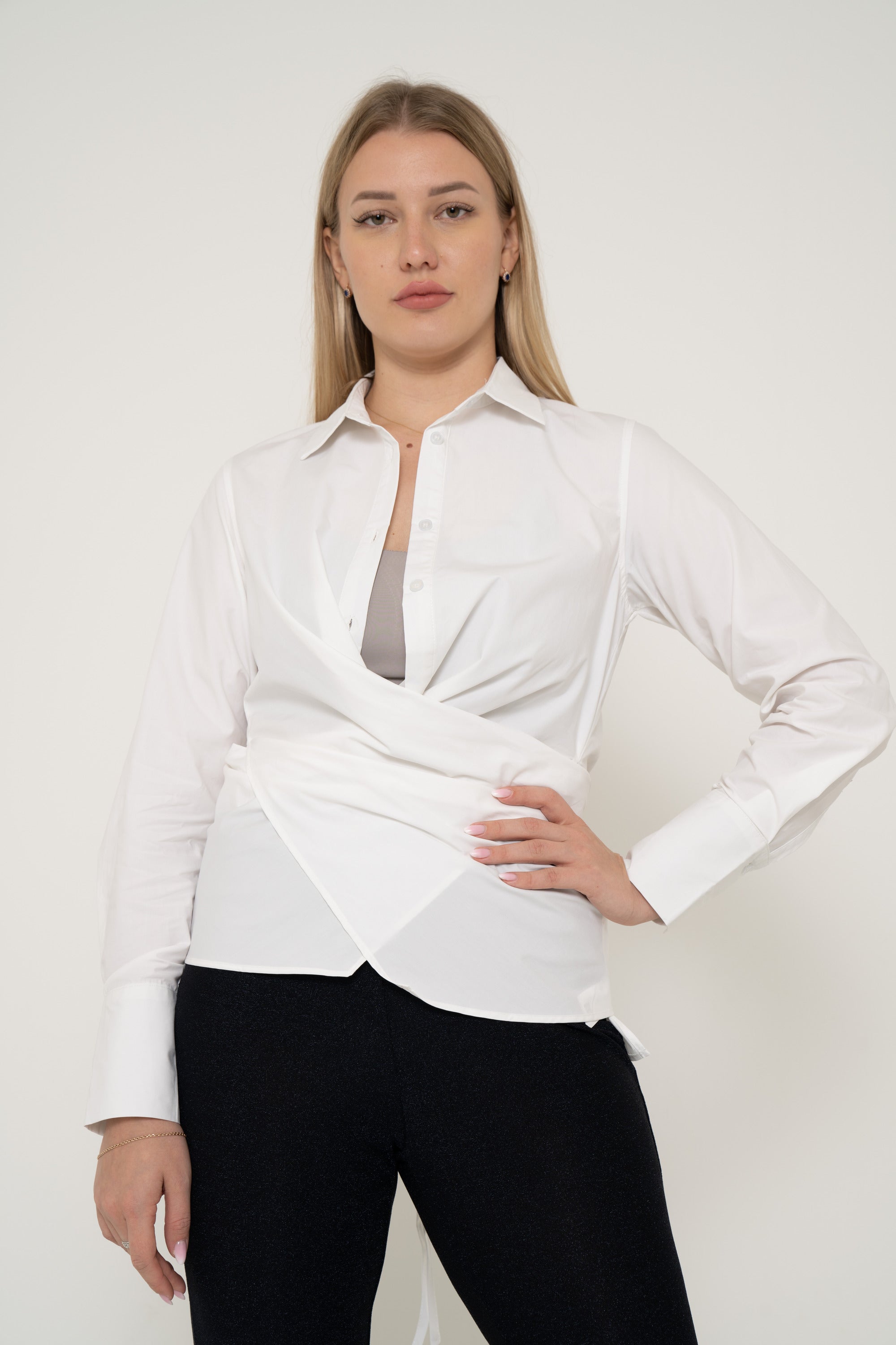 Yola Solid Long Sleeve Blouse with Waist Tie