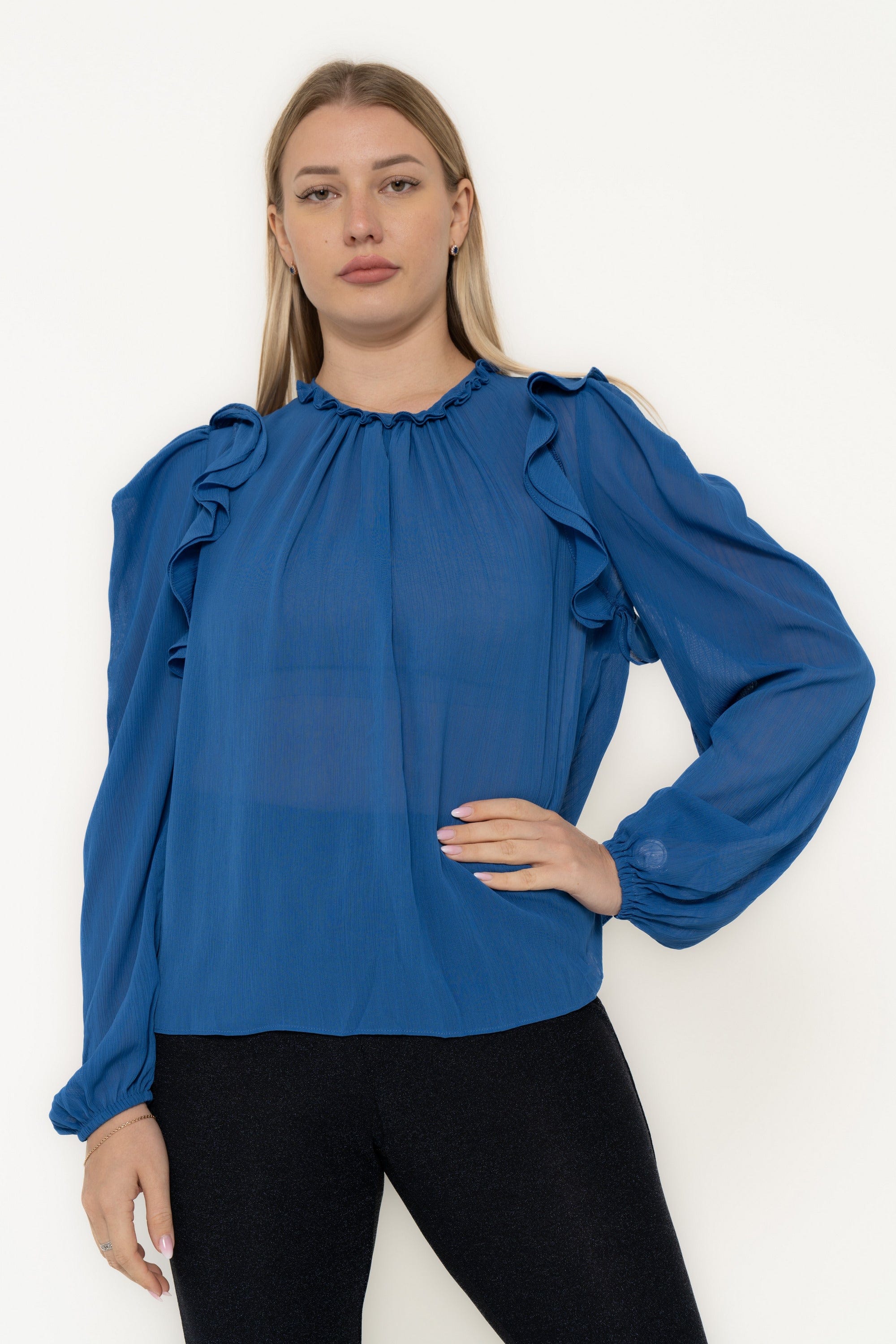 Plain Chiffon Blouse With Ruffled Shoulder And Long Sleeves