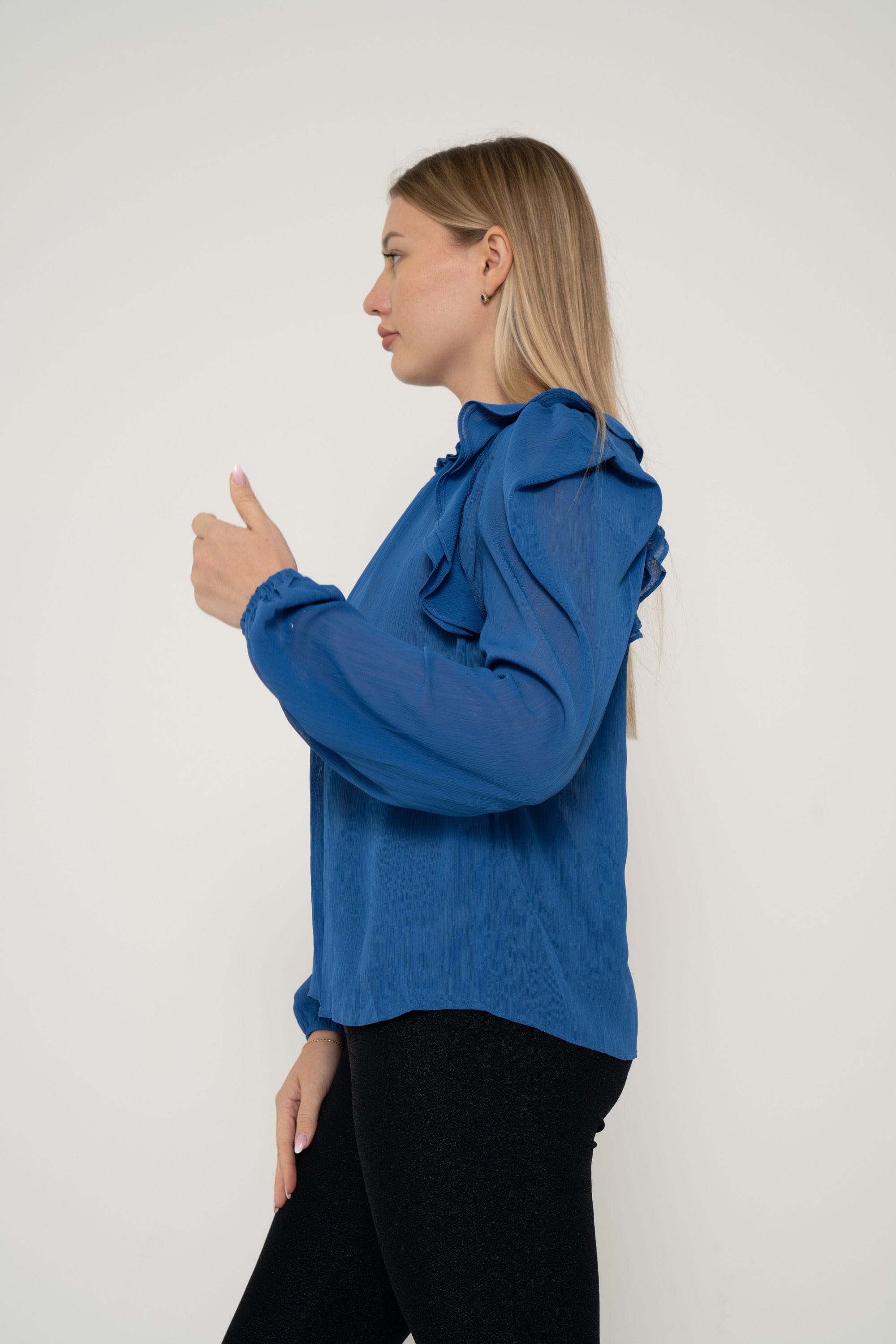 Plain Chiffon Blouse With Ruffled Shoulder And Long Sleeves