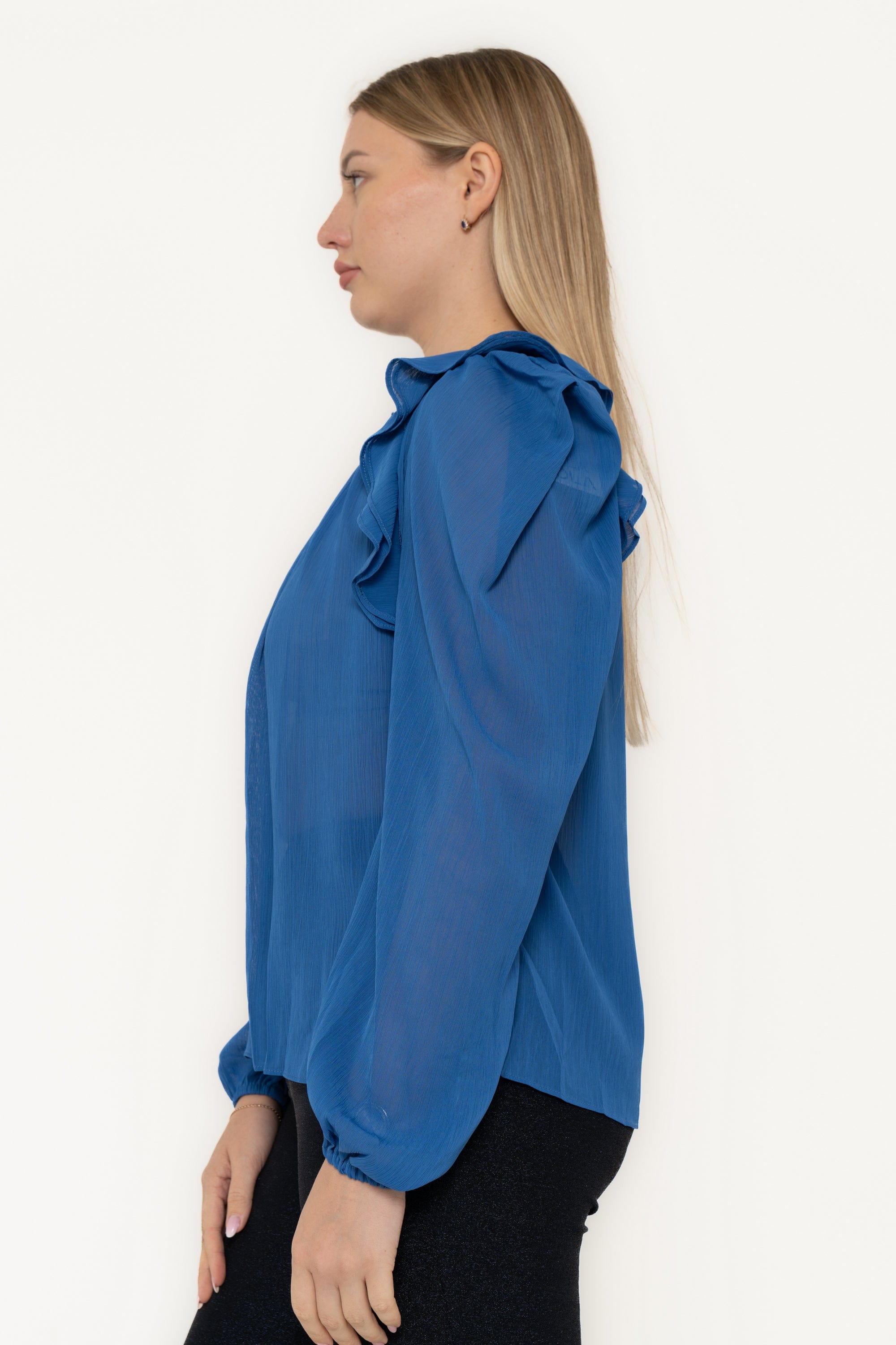 Plain Chiffon Blouse With Ruffled Shoulder And Long Sleeves
