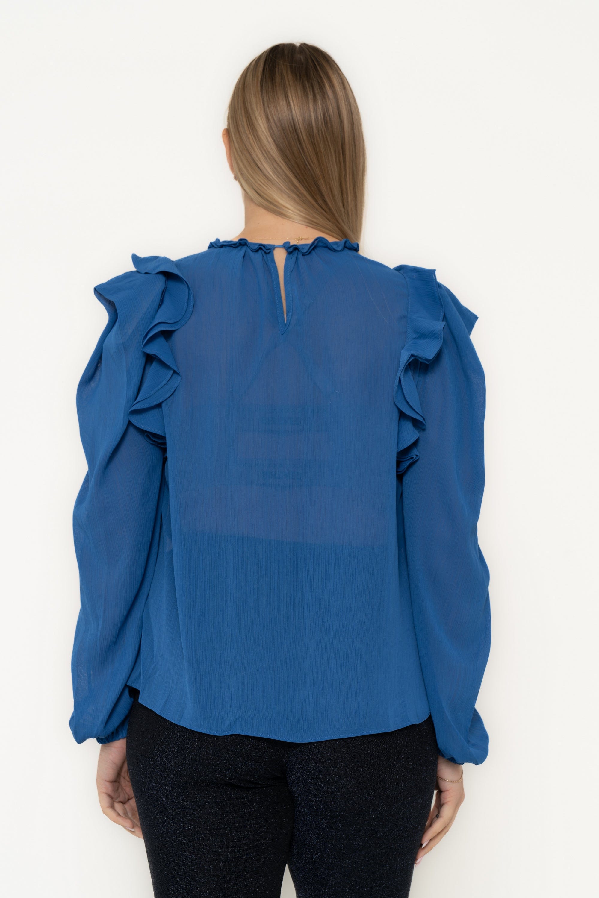 Plain Chiffon Blouse With Ruffled Shoulder And Long Sleeves