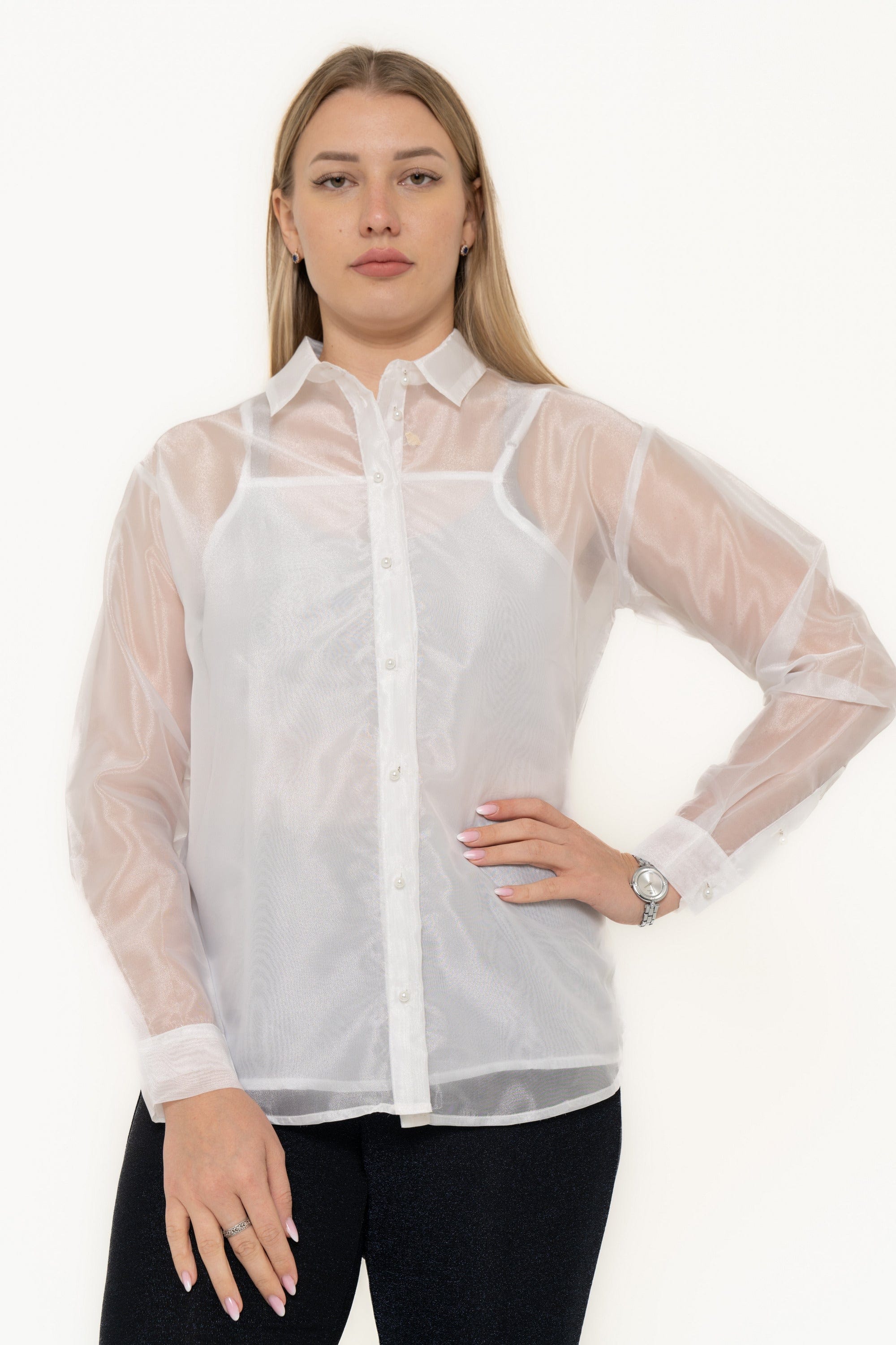 Solid Color Chiffon Blouse With Front Buttons