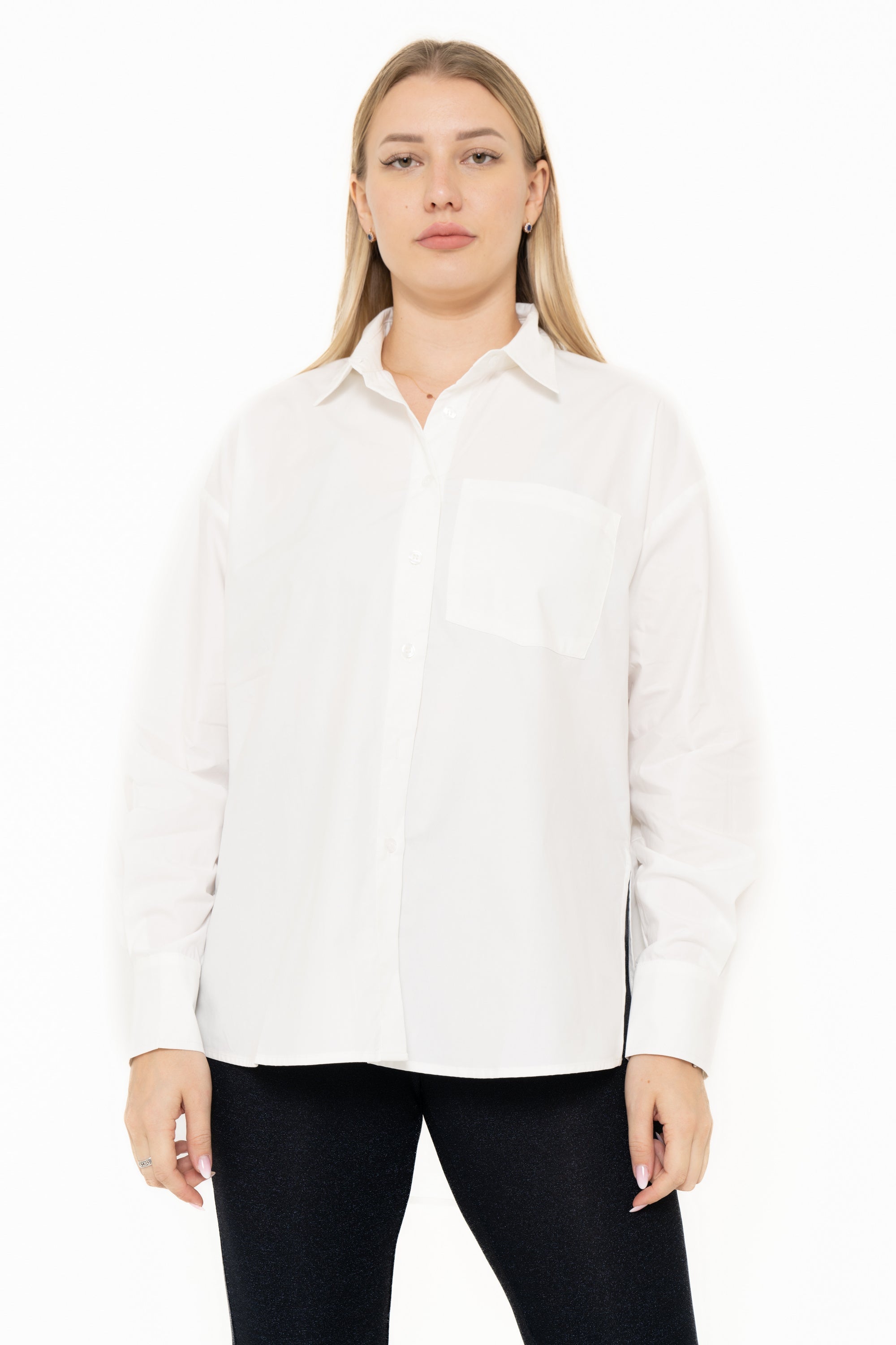 Yola Solid Color Blouse with Front Buttons, Long Sleeves