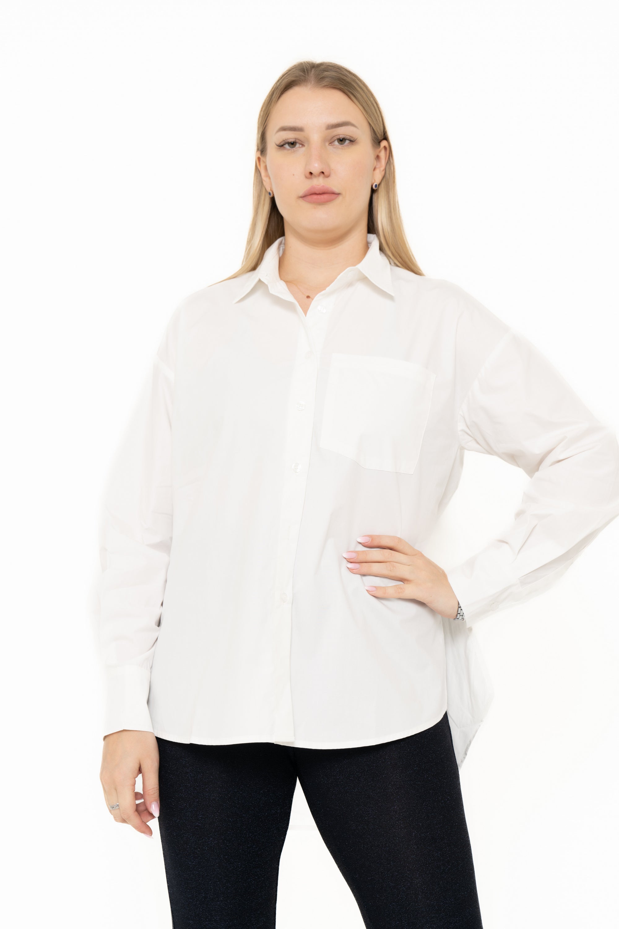 Yola Solid Color Blouse with Front Buttons, Long Sleeves