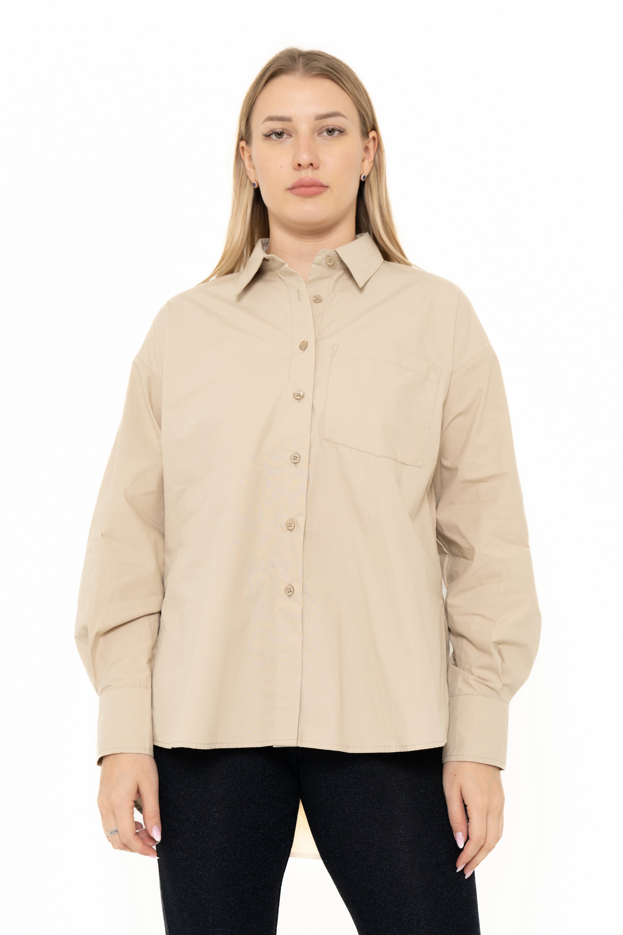 Yola Solid Color Blouse with Front Buttons, Long Sleeves