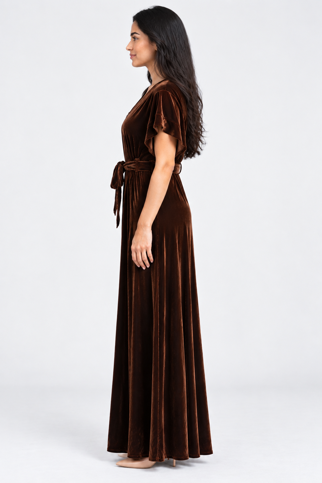 Pleated Maxi Dress with Waist Belt