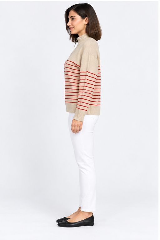 Striped Sweater with Half-Zip Neck